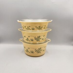 Vintage Set of Pyrex Shenandoah Wintergreen Casserole Dishes and Lids; Bake Serve Store Set with Lids