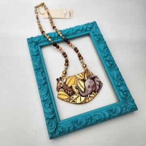 David Detz Hand Painted Statement Necklace, Giraffe and Elephant Design Necklace