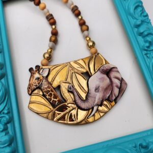 David Detz Hand Painted Statement Necklace, Giraffe and Elephant Design Necklace