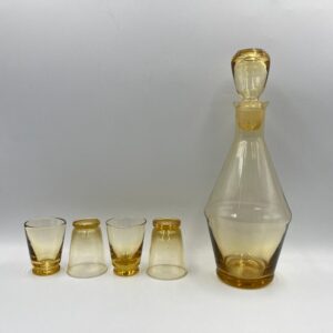 Vintage Italian Amber Glass Decanter with Original Sticker and 4 Liqueur Glasses