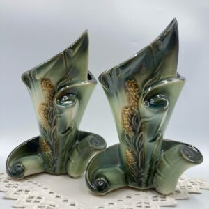 Pair of 1950s HULL Pottery Parchment and Pine Green Shade Pair of Vases