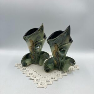 Pair of 1950s HULL Pottery Parchment and Pine Green Shade Pair of Vases