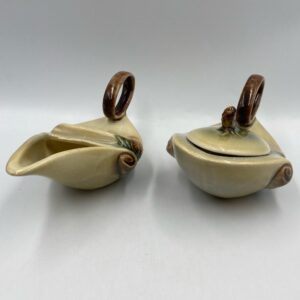 Vintage HULL Pottery Parchment & Pine 3 Piece Creamer and Covered Sugar Set