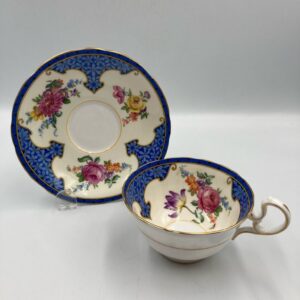 Aynsley Cup and Saucer with Floral Design and Blue Accents