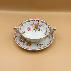 RARE Royal Crown Derby Pink Floral Double-Handled Cream Soup & Saucer