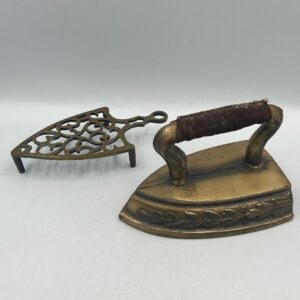 Antique Brass Sad Iron with Leather Handle and Matching Trivet