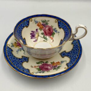 Aynsley Cup and Saucer with Floral Design and Blue Accents