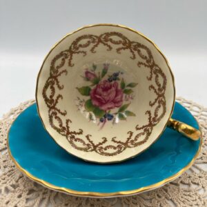 Aynsley Turquoise Teacup and Saucer, Cabbage Rose Center on Teacup