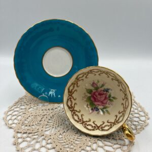 Aynsley Turquoise Teacup and Saucer, Cabbage Rose Center on Teacup