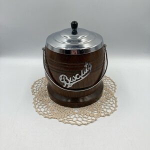 Vintage Oak Biscuit Barrel with Porcelain Insert, Vintage Oak and Silver Plate Biscuit Barrel