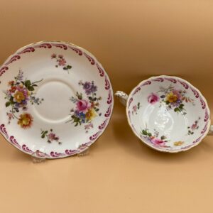 RARE Royal Crown Derby Pink Floral Double-Handled Cream Soup & Saucer