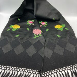 Vintage SAKS Fifth Avenue Black and Green Embroidered Scarf - Made in France