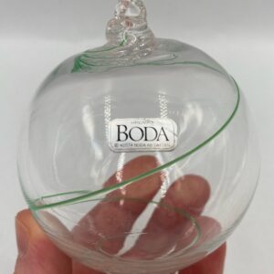 Kosta Boda Clear Ball Ornament with Green Swirl and Original Sticker