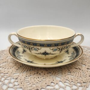 Minton Grasmere Blue Cream Soup Bowl and Saucer, Handled Soup Bowl and Underplate