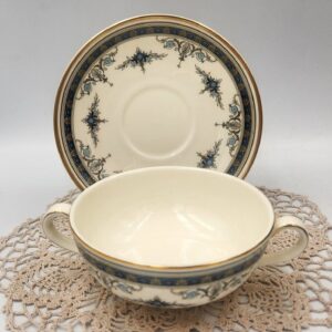 Minton Grasmere Blue Cream Soup Bowl and Saucer, Handled Soup Bowl and Underplate