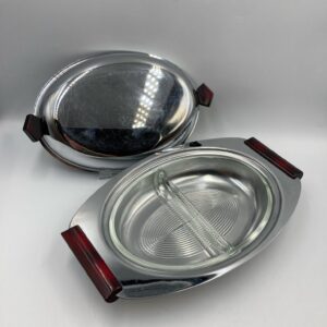 Glo-Hill Chrome and Bakelite Serving Dish with Lid & Glasbake Glass Insert