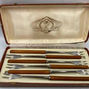 Glo-Hill Bakelite Fondue Forks Set of 6 in Box, Mid-Century Modern Bakelite Handle Fondue Forks