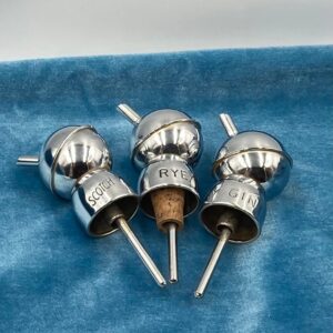 Set Of 3 Vintage Chrome Spirits Jiggers / Pourers; Gin, Rye, Scotch Pourers