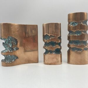 Roy Leadbeater Trio Of Sculpted Candle Holders, Modernist Bronze Sculptured Candlestick Holders