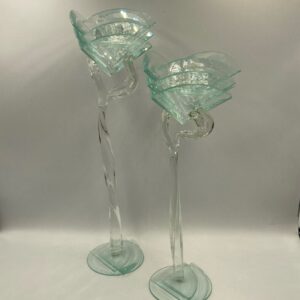 Pair of Hand-Created Glass Pedestal Candlesticks - Stylized Hand Holding Candle Base