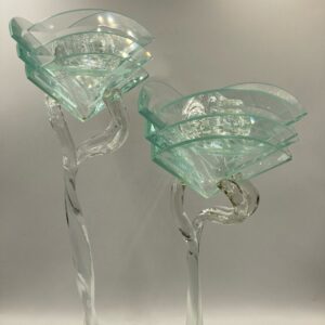 Pair of Hand-Created Glass Pedestal Candlesticks - Stylized Hand Holding Candle Base