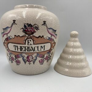 Early 1900s A & H Bogen Apothecary Jar E. Theriacum with Lid