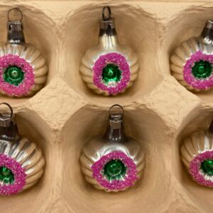 Set of 6 Vintage Mercury Glass Pink and Silver Indent Ornaments, East Germany Christmas ornaments