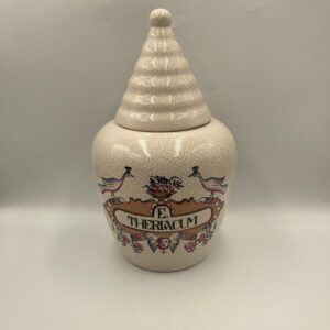 Early 1900s A & H Bogen Apothecary Jar E. Theriacum with Lid