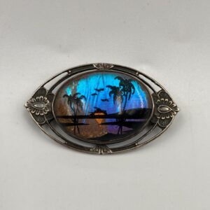 Art Nouveau Real Butterfly Wing Sterling Brooch - Sunset Motif, Hoffman Sterling Brooch