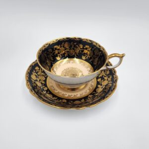 Paragon Double Warrant Black, Peach and Gold Medallion Teacup and Saucer, Black with Gold Filigree A527