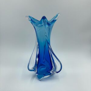 MCM Signed CHALET Blue Glass Twist Vase, Chalet Art Glass Vase