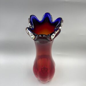 Heavy Murano Glass Swung Vase, Red and Blue 6 Finger Vase