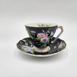 Fenton Westbury Black, Pink, and Blue Morning Glory Teacup and Saucer, Art Deco handle