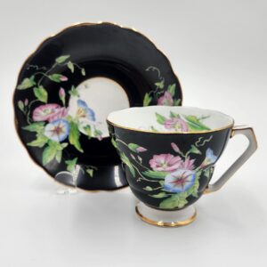 Fenton Westbury Black, Pink, and Blue Morning Glory Teacup and Saucer, Art Deco handle