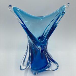 MCM Signed CHALET Blue Glass Twist Vase, Chalet Art Glass Vase