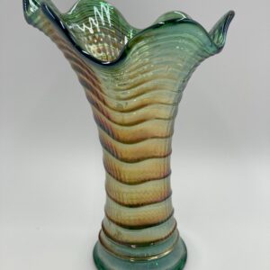 Vintage Imperial Ripple Green Carnival Glass Vase - Iridescent