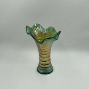 Vintage Imperial Ripple Green Carnival Glass Vase - Iridescent