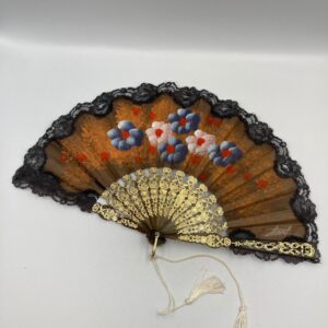 Vintage Plastic Folding Fan Spanish Lace Style with hand painted floral design and gold accents