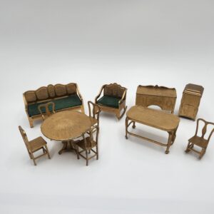 Set of Tootsie Toy Dollhouse Furniture - Parlor Set - Couch, Rocker, Gramophone, Buffet, Dining Table and 4 Chairs