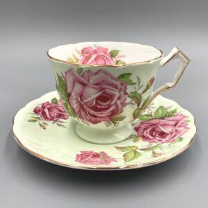 Aynsley Teacup and Saucer with Large Pink Cabbage Rose, Aynsley light green cup