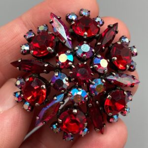 Vintage Sherman Red Rhinestone Brooch - Japanned