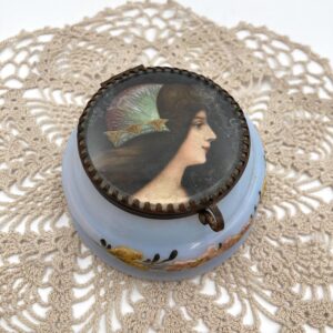 Antique French Opalescent Renaissance Portrait Powder Box with Mirror