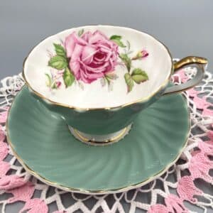 Aynsley Teacup and Saucer Sage Swirl with Cabbage Rose