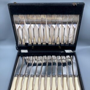 George Ibberson & Co. Firth Sheffield Stainless Ivorine Set of 12 Knives and Forks in Case