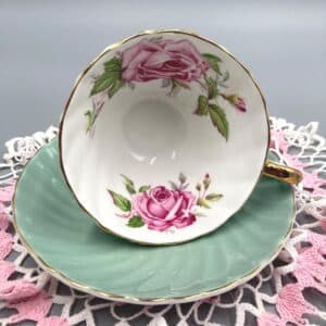 Aynsley Teacup and Saucer Sage Swirl with Cabbage Rose