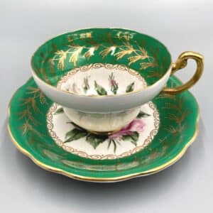 Vintage Green And Gold Foley Teacup and Saucer With Cabbage Roses